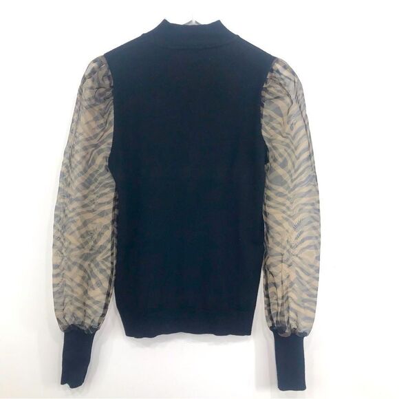 Sioni Milano Black Knit Semi Sheer Zebra Sleeve Pullover Mock Neck Sweater - Picture 5 of 12